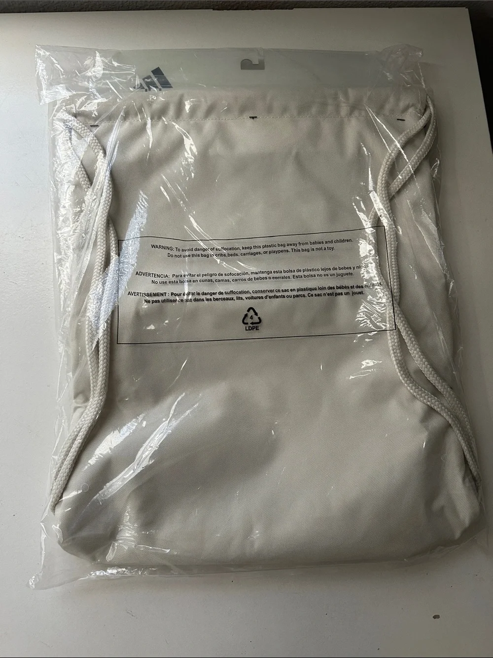 Adidas Beige Drawstring Gym Backpack with Front Zip Pocket